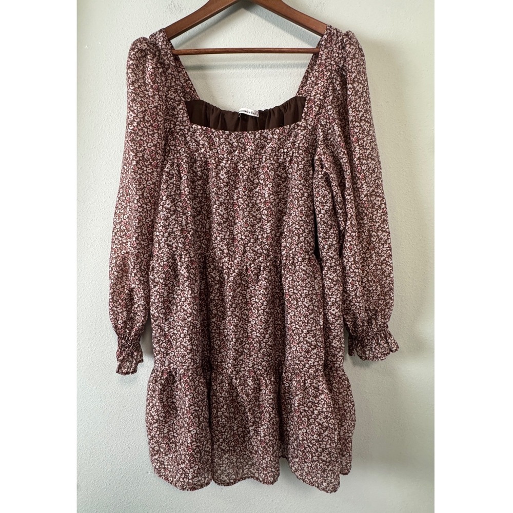 Abercrombie & Fitch Brown Floral Puff Sleeve Tiered Mini Dress Large Cottagecore
